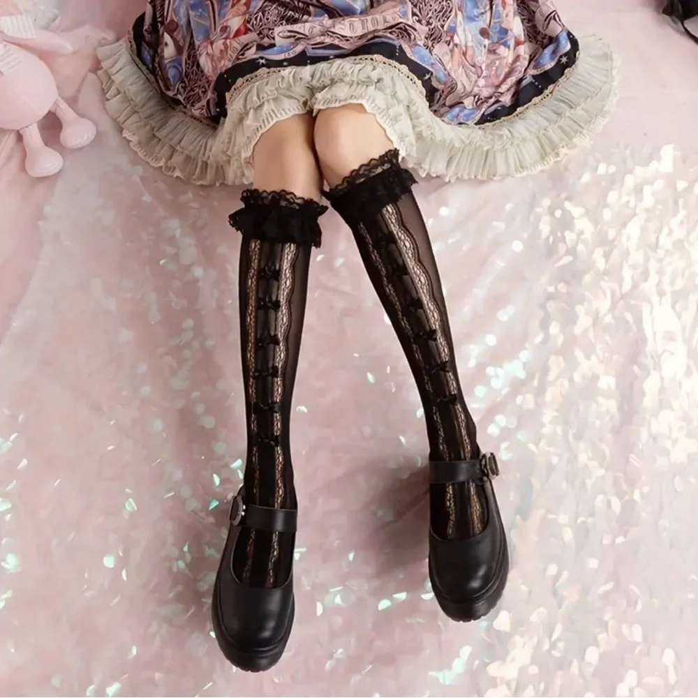 Retro Vintage Style Bow Accent Knee High Socks‎ Flirty Ruffle Trim Soft Lace